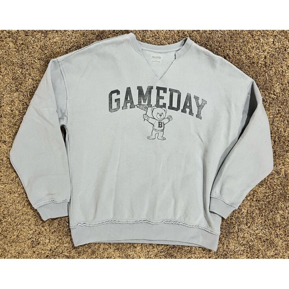 Hollister Oversized Notch-Neck "Gameday" Graphic Sweatshirt Medium ~ Light Blue